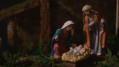 Studio Christmas Scene With Figures Of Mary Joseph And Baby Jesus In Manger From Nativity 3