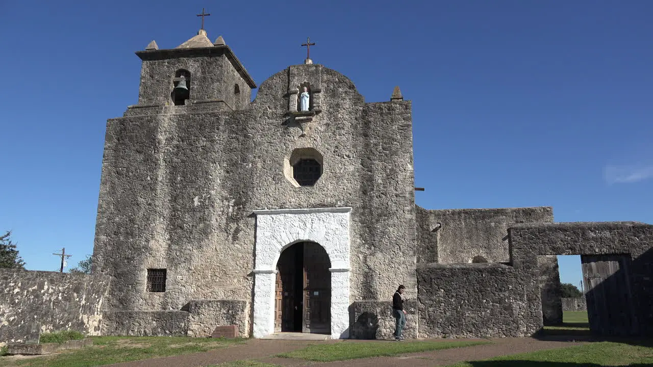 Texas Goliad Presidio La Bahia Church With Men Leaving