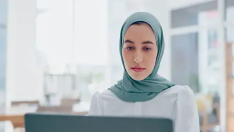 Islamic woman laptop and focus working in office