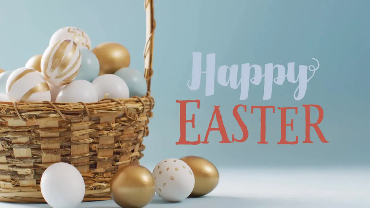 Animation of happy easter text over white and gold easter eggs in bucket on blue background