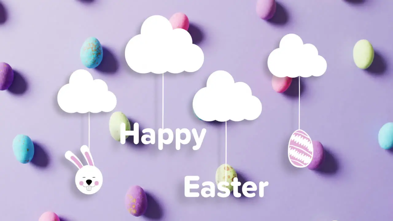 Animation of happy easter text over clouds with colourful easter eggs on purple background