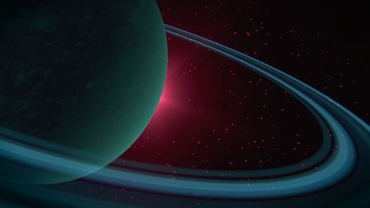 Dark planet with rings and red flash of star in galaxy