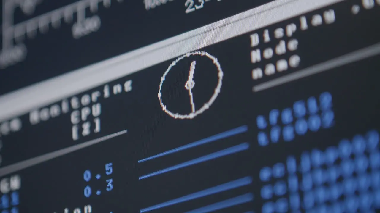 Rack focus shot of a computer screen with system analytics and CPU performance metrics