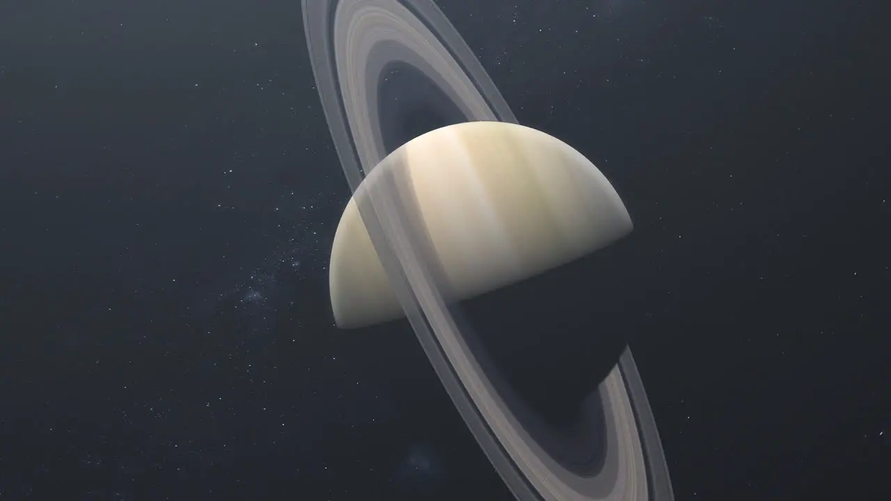 Planet Saturn with Rings Rotating with Hazy Sun Flare and Milky Way Galaxy Background 3D Animation 4K