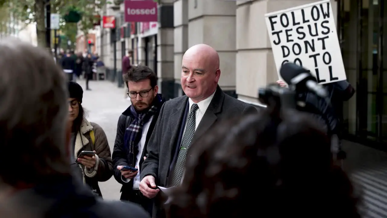 24 November 2022 RMT General Secretary Mick Lynch Speaking To Journalists Outside Department For Transport After Strike Talks