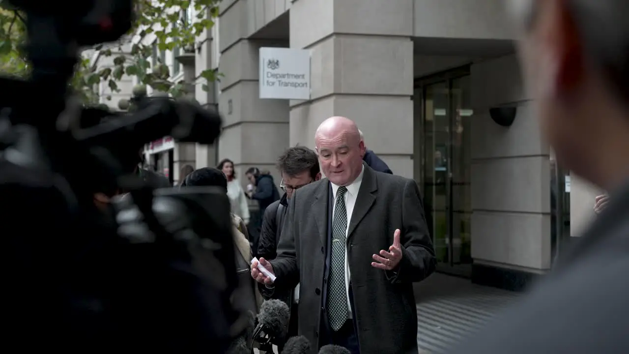 24 November 2022 RMT General Secretary Mick Lynch Speaking To Press Outside Department For Transport After Strike Talks