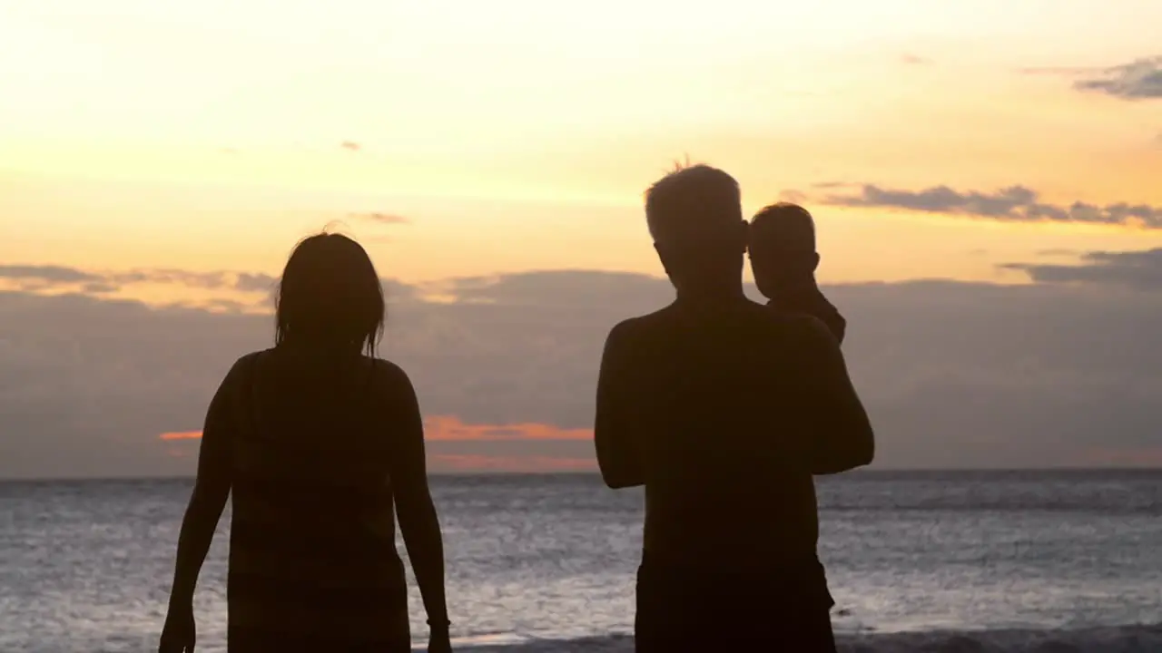 Silhouetted Family Walking Along Beach at Sunset