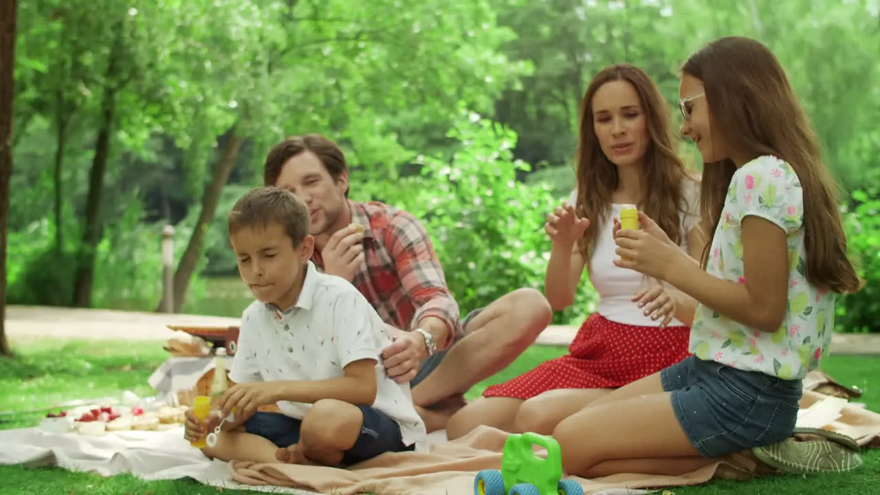 Siblings playing with soap bubbles in park Family sitting on blanket at picnic