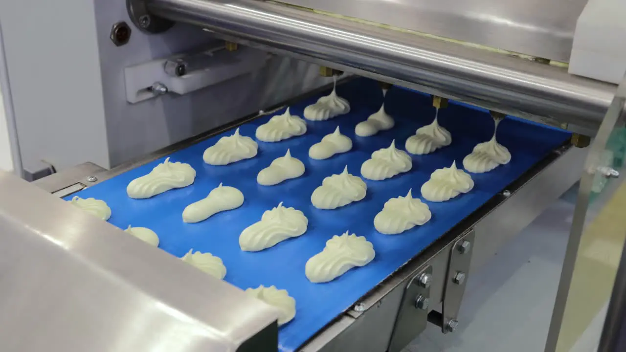 Cakes on automatic conveyor belt  process of baking in confectionery factory