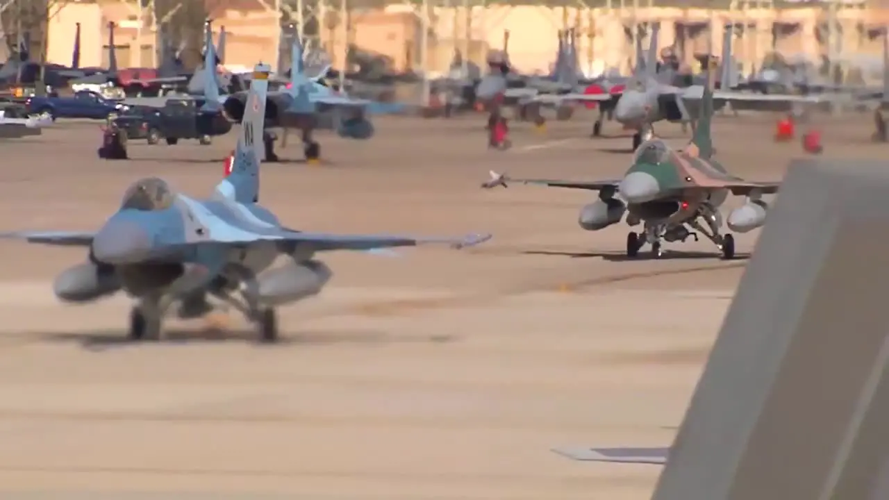 American F16 Fighters Taxi On The Runway In This Well Produced Shot