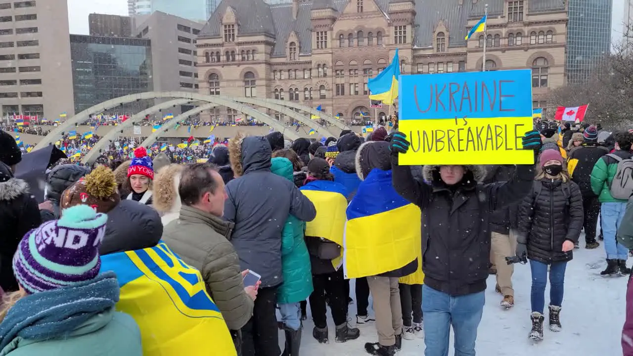 Crowd gathered in Nathan Phillips Square protest against Ukraine Russia conflict