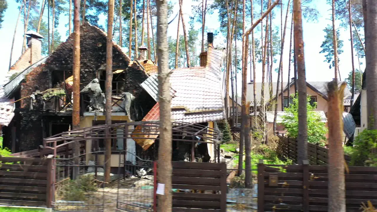 Pov Shot Of Neighborhoods And Homes Entirely Destroyed And Burned By Russians In Irpin Ukraine During Occupation