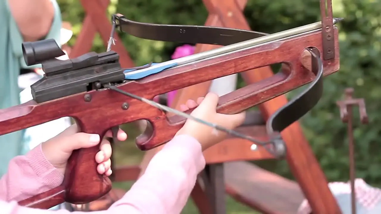 shooting with the crossbow for leisure with people stock video stock footage