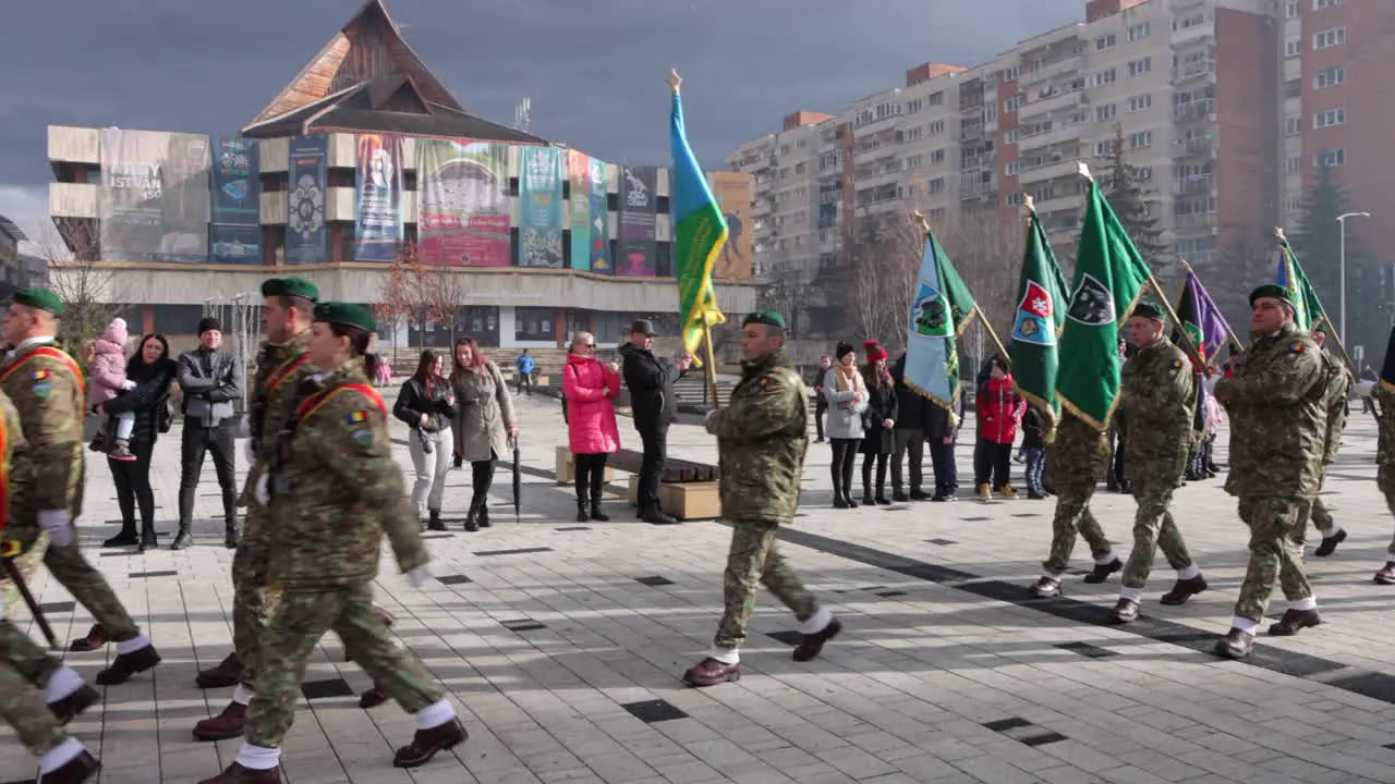 Romanian Soldiers With Flags On Parade During The Great Union Day In Miercurea Ciuc Romania