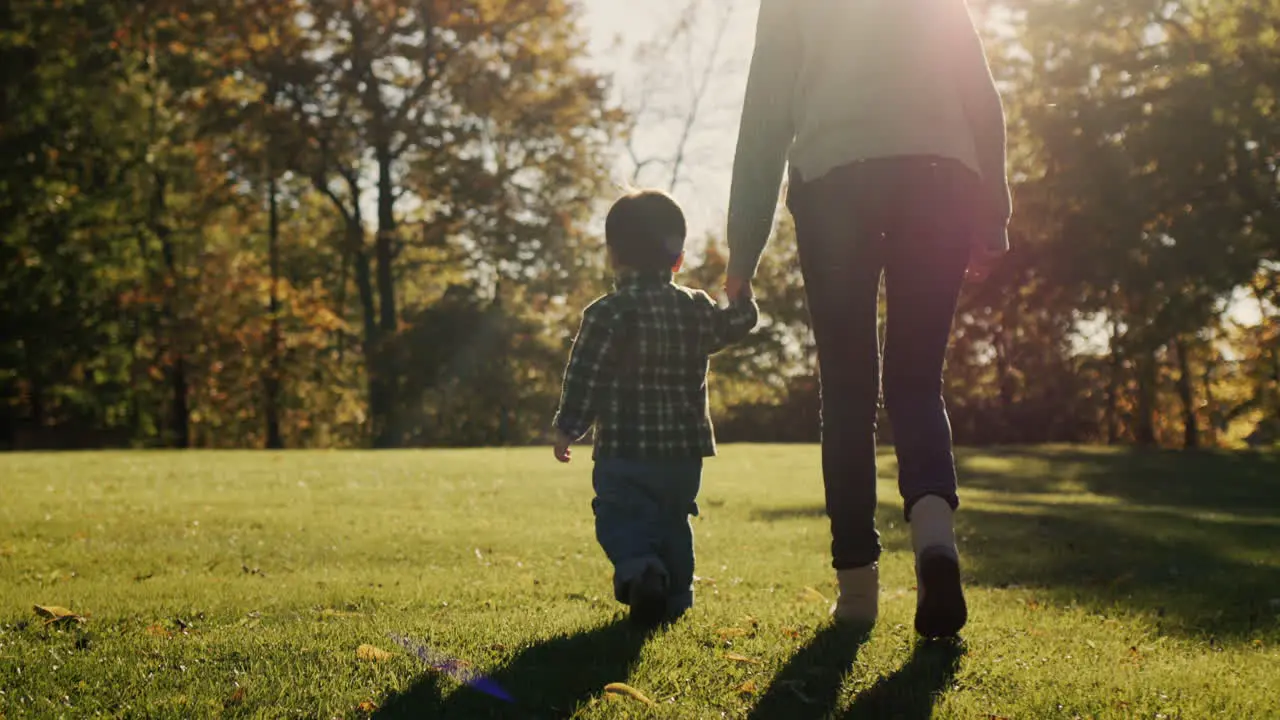 Mom leads the baby by the hand walking next to the green grass in the rays of the setting sun Happy motherhood and childhood