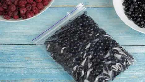 Packages with blueberries in zipper plastic bags for freezing Frozen preservation berries food