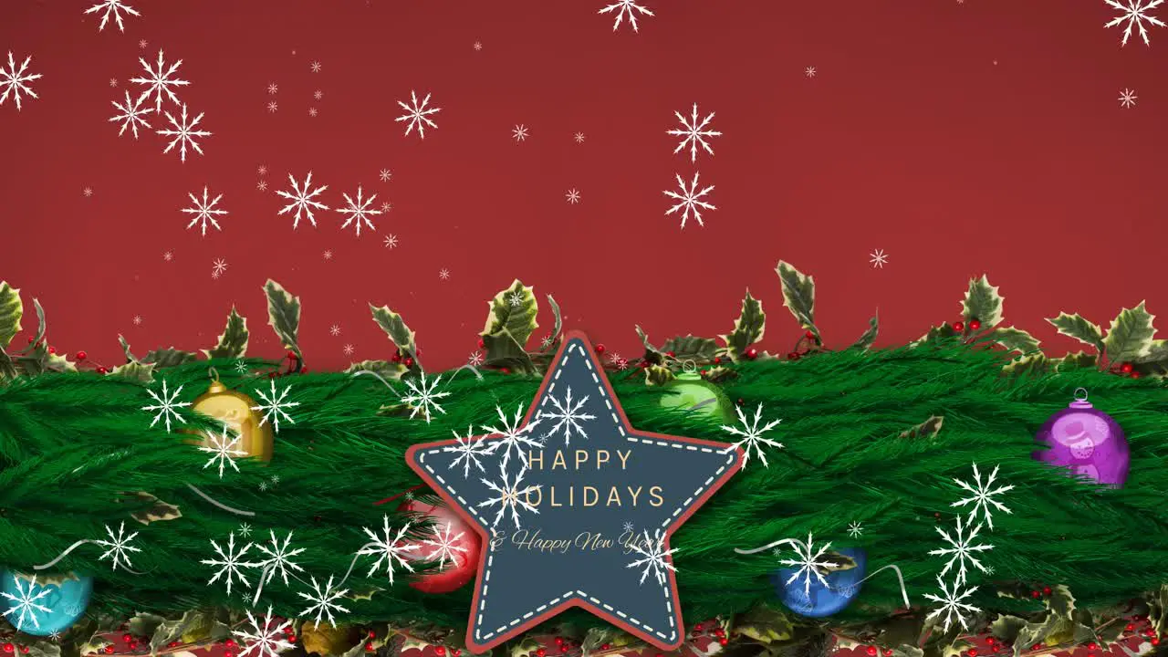 Animation of snowflakes falling over christmas decorations with star happy holidays and red