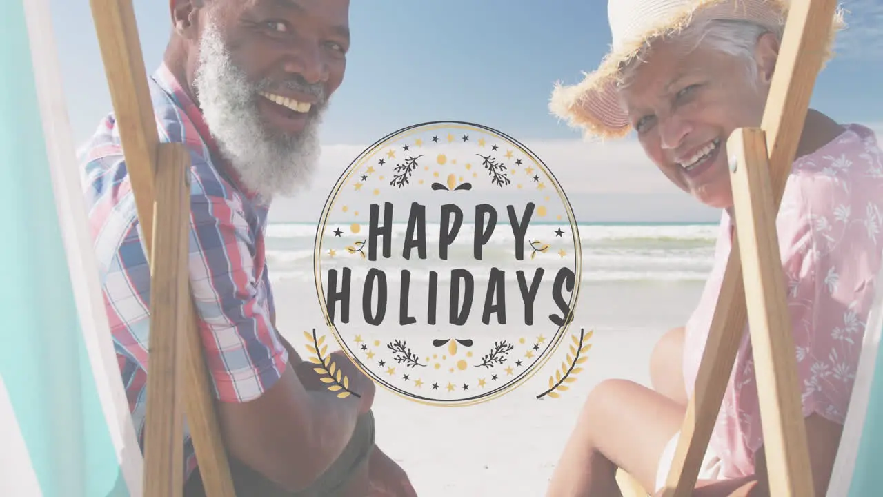 Animation of happy holidays over happy diverse senior couple on beach