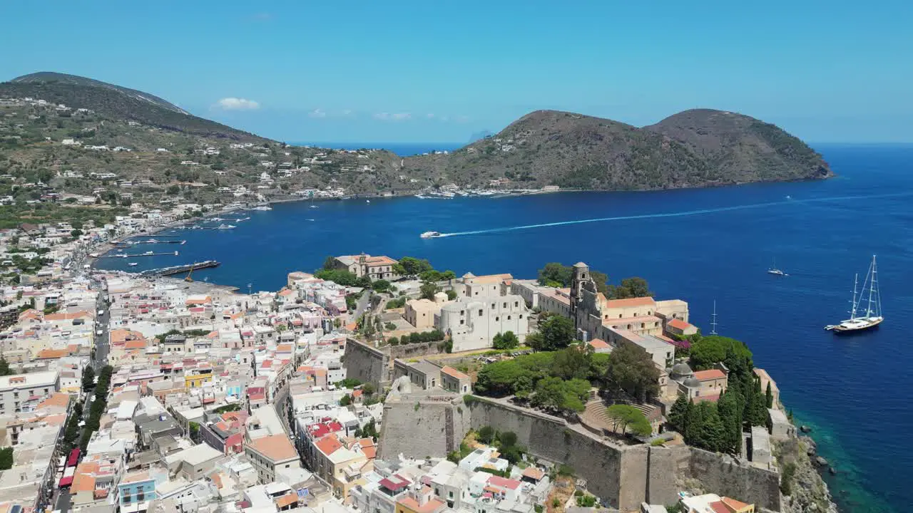 Lipari City Wall Castle and Cathedral at Aeolian Islands Italy Aerial 4k