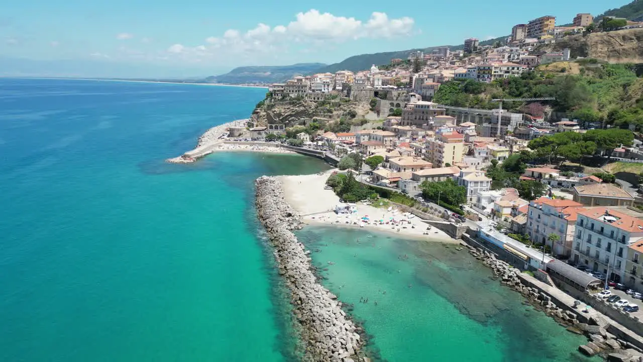 Pizzo Seaside Town and Beaches at Summer Vacation in Calabria Italy Aerial 4k