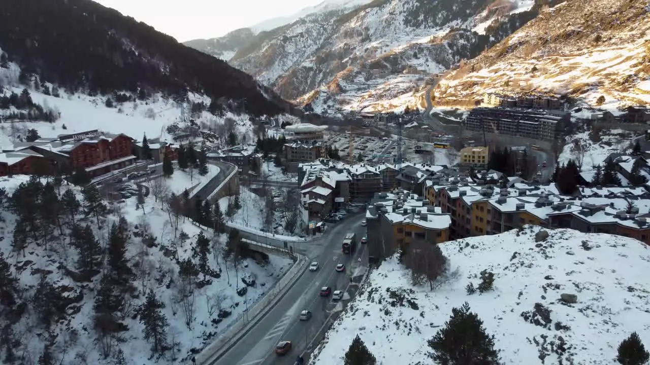 Aerial view of snow-covered village in Andorra Pyrenees