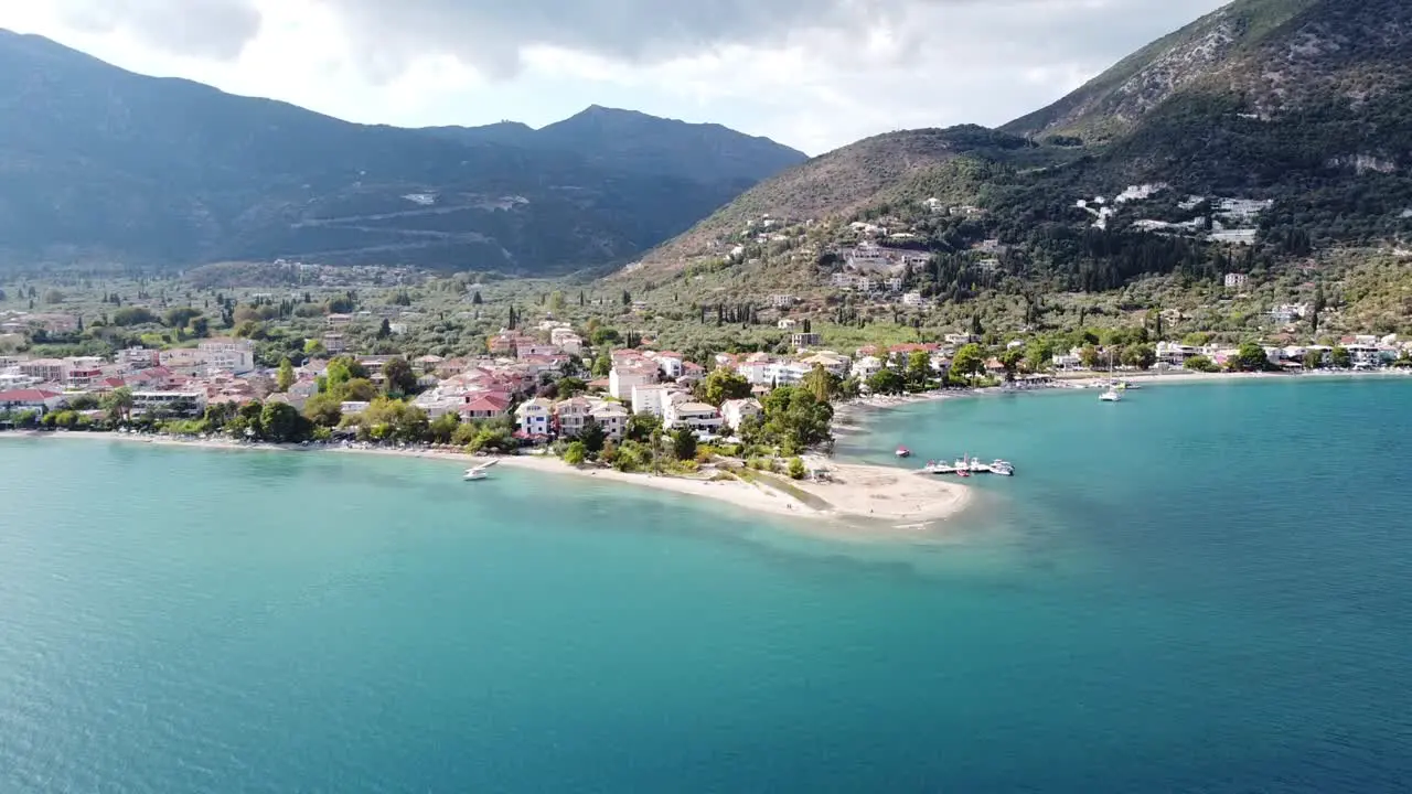 Sandy Beach and Cityscape of Nidri at Lefkada Island Greece Aerial