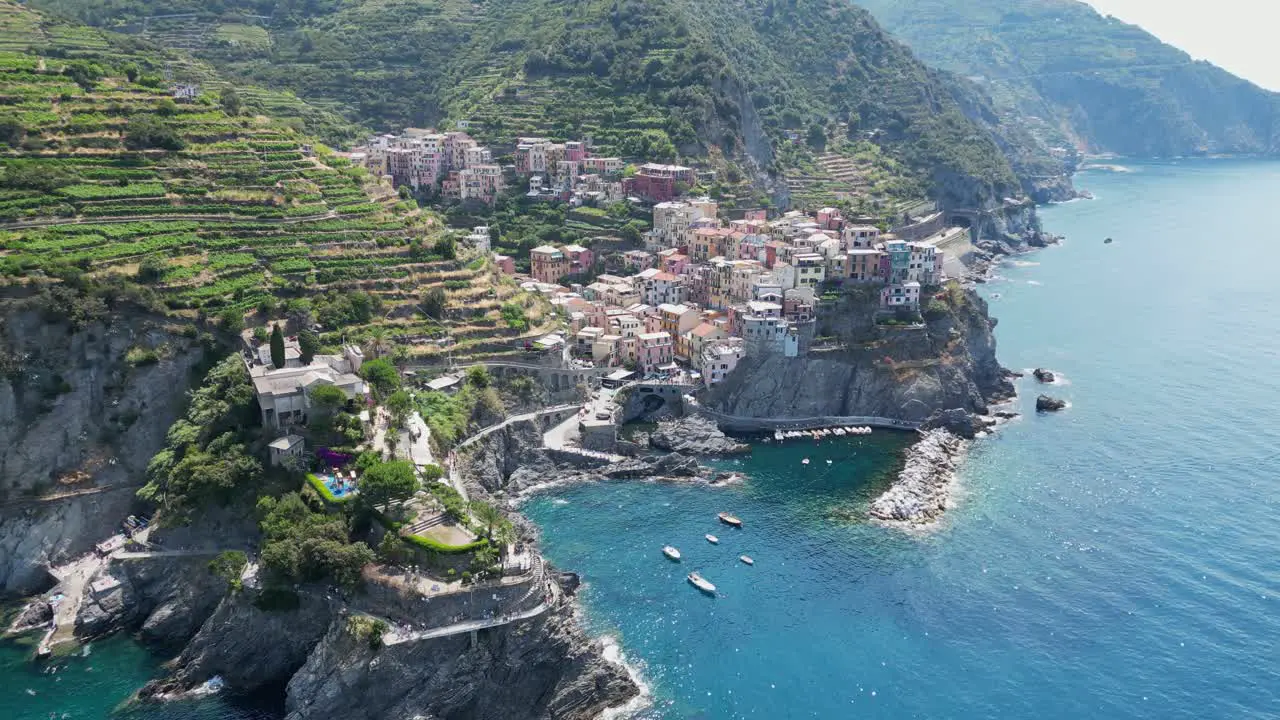 Cinque Terre Manarola Coastal Village in Vernazza La Spezia Liguria Italy Aerial 4k