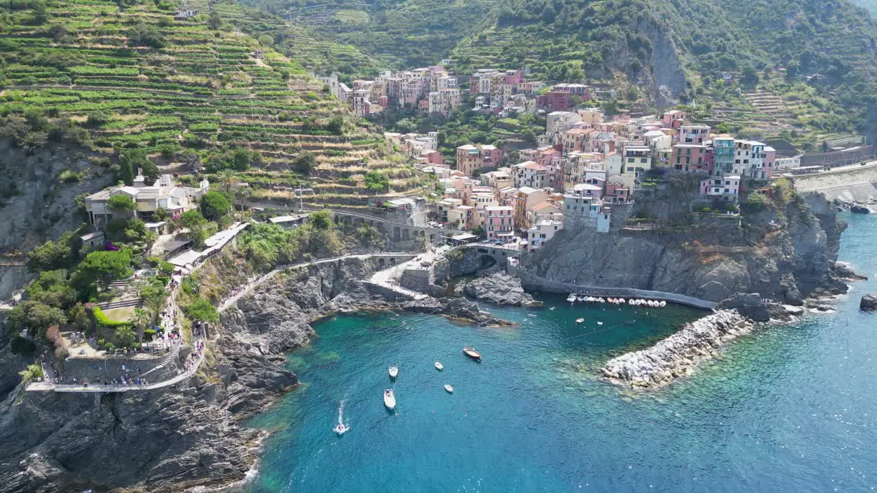 Cinque Terre Village Manarola in Vernazza La Spezia Liguria Italy Aerial 4k