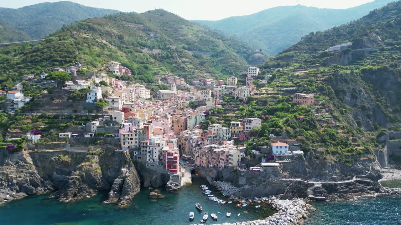 Cinque Terre Riomaggiore Village in Vernazza La Spezia Liguria Italy Aerial 4k