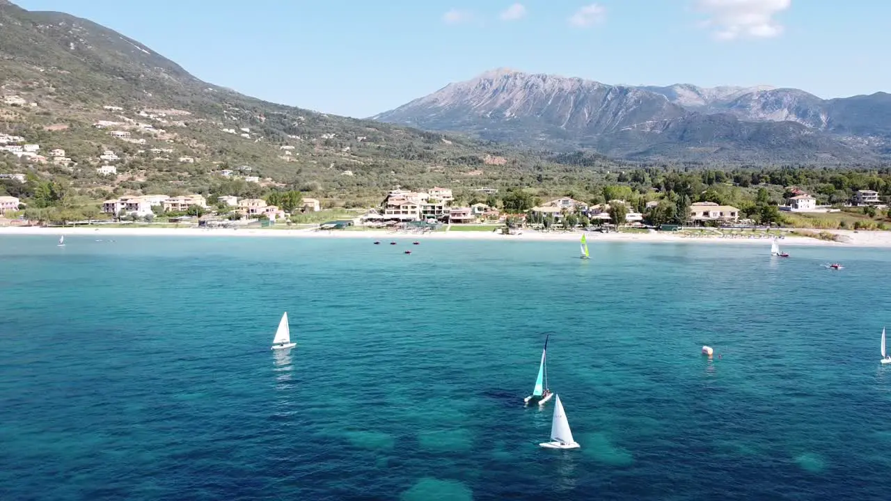 Wind Surfers Sail at Vasiliki Beach Lefkada Island Greece Aerial