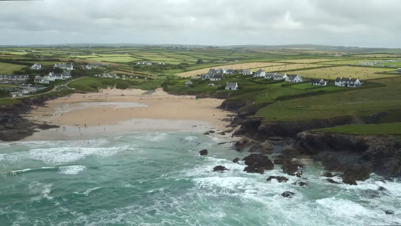 Aerial shot of Treyarnon Bay in Cornwall England