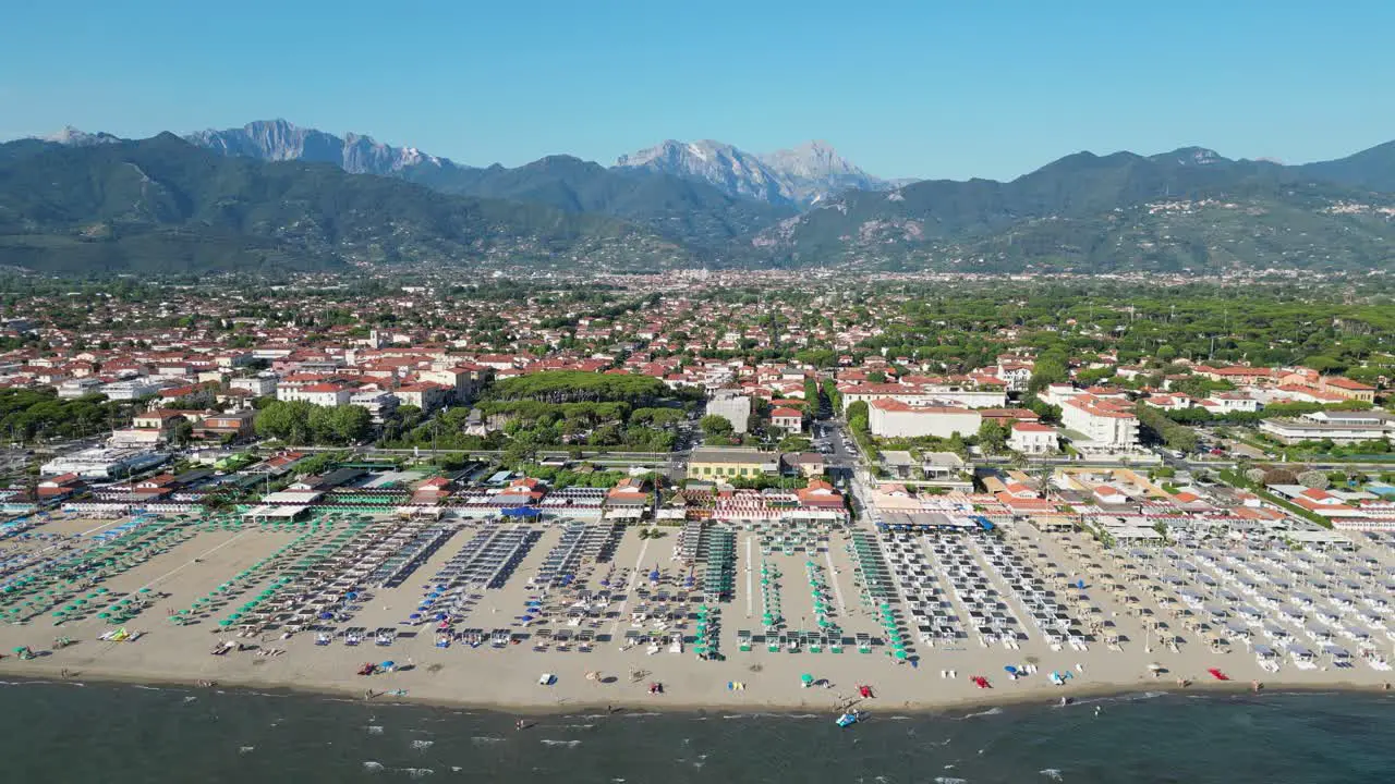 Tuscany Beach and Coastline at Summer Vacation in Forte dei Marmi Italy Aerial 4k