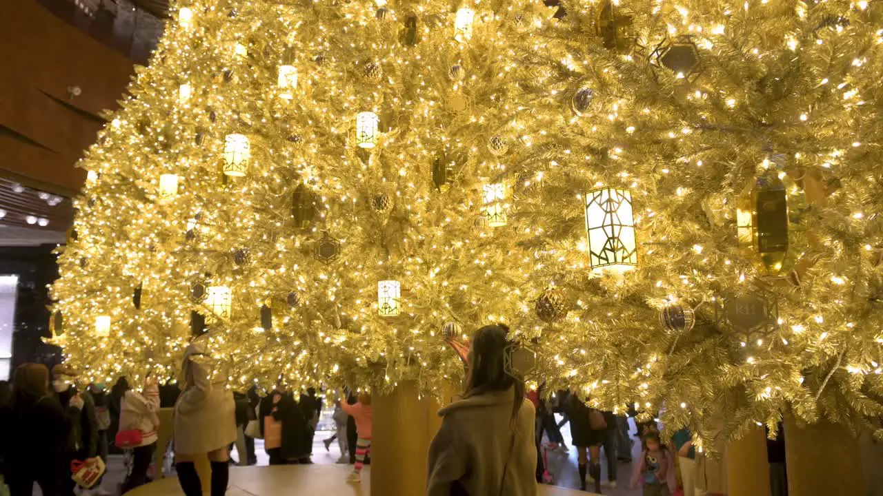 A woman celebrates the Christmas holidays as she poses in front of a golden Christmas tree at a shopping mall in Hong Kong