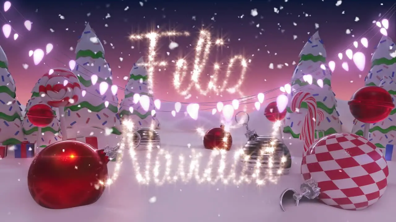 Animation of snowfall over baubles stick bell feliz navidad text trees against night sky