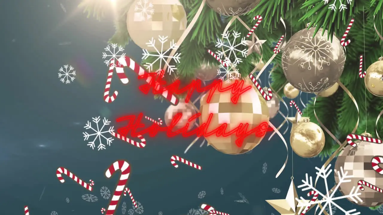 Animation of happy holidays text with candy canes and snowflakes falling over christmas tree