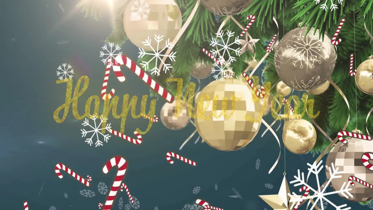 Animation of happy holidays text with candy canes and snowflakes falling against christmas tree