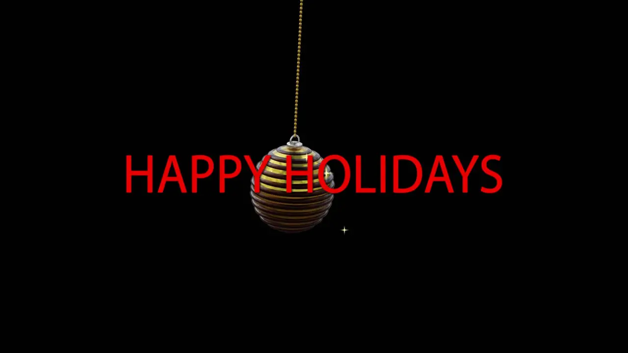 Animation of red happy holidays text with bauble hanging on black background