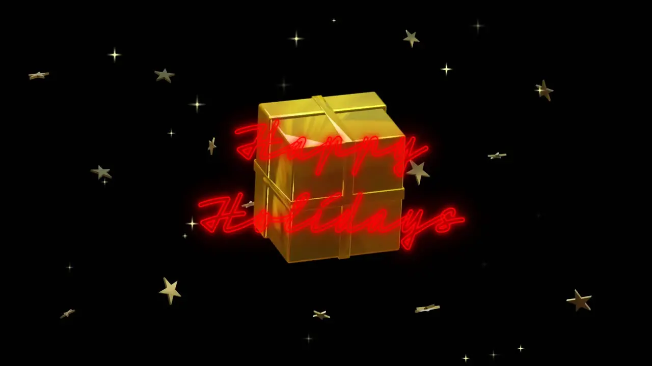 Animation of illuminated happy holidays text with gift box and stars rotating on black background