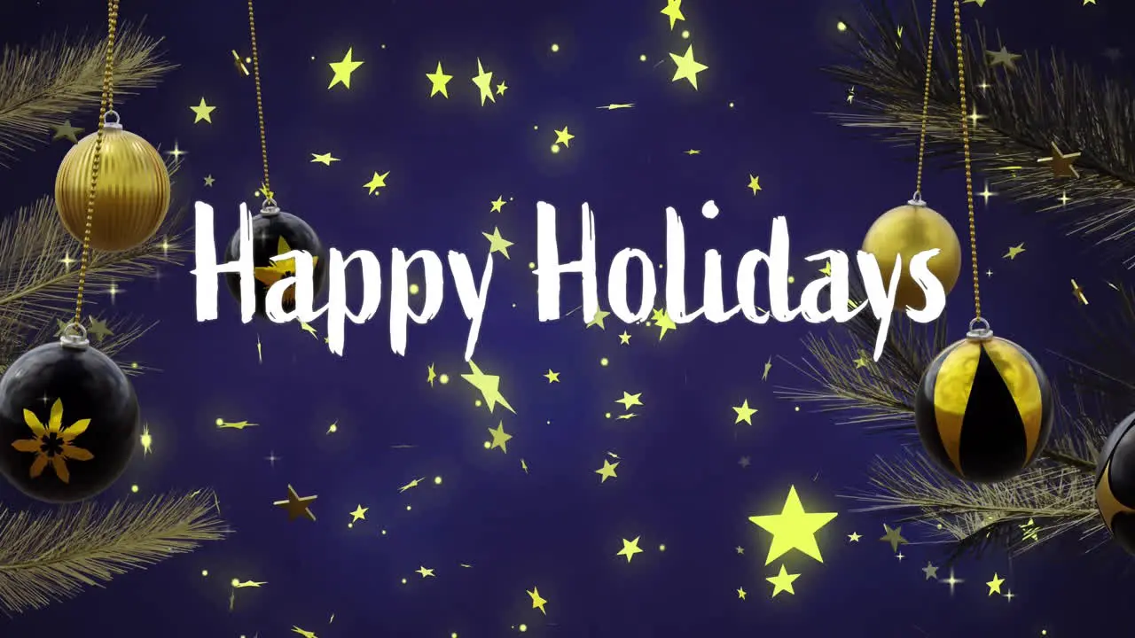 Animation of happy holidays text with baubles and stars on blue background