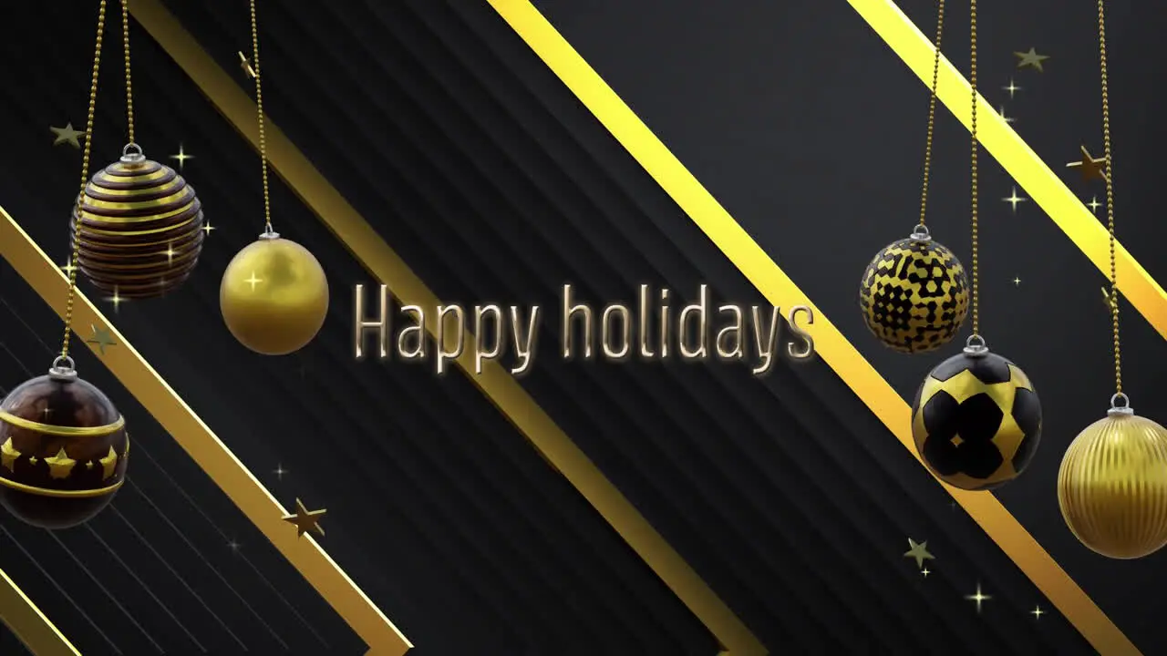 Animation of happy holidays text with baubles and stars on abstract background