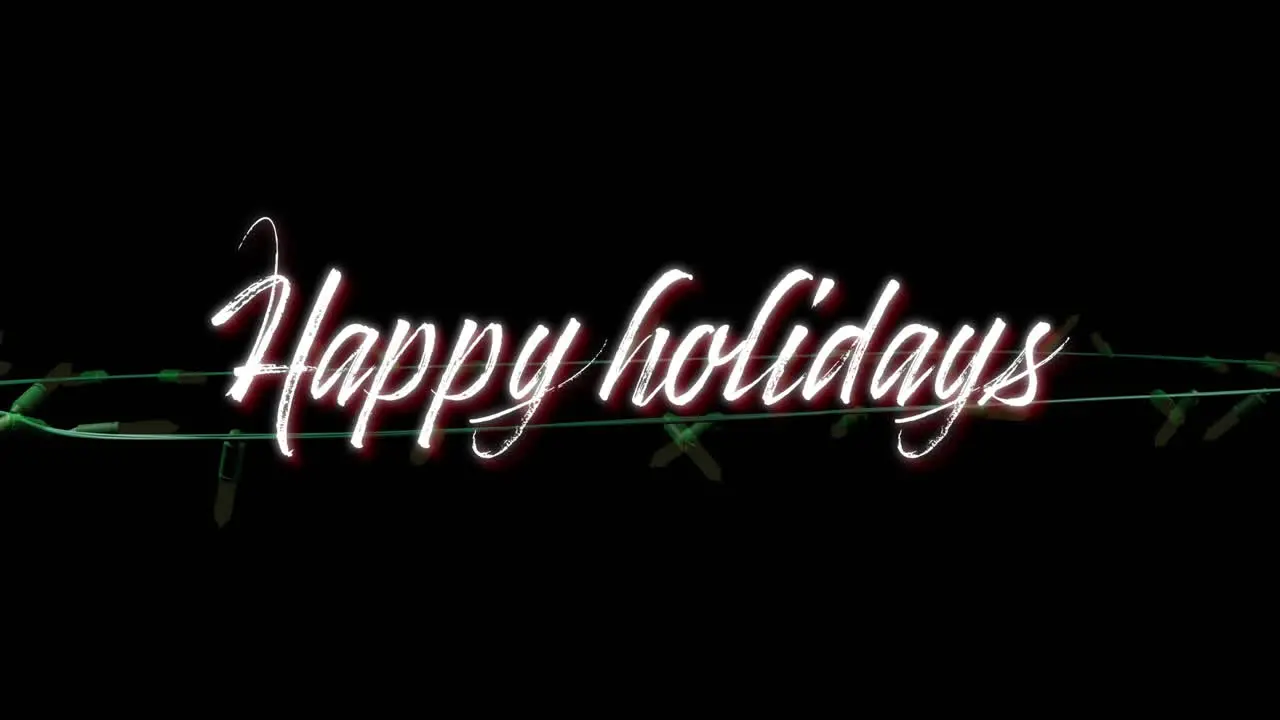 Animation of happy holidays text with illuminating string lights on black background