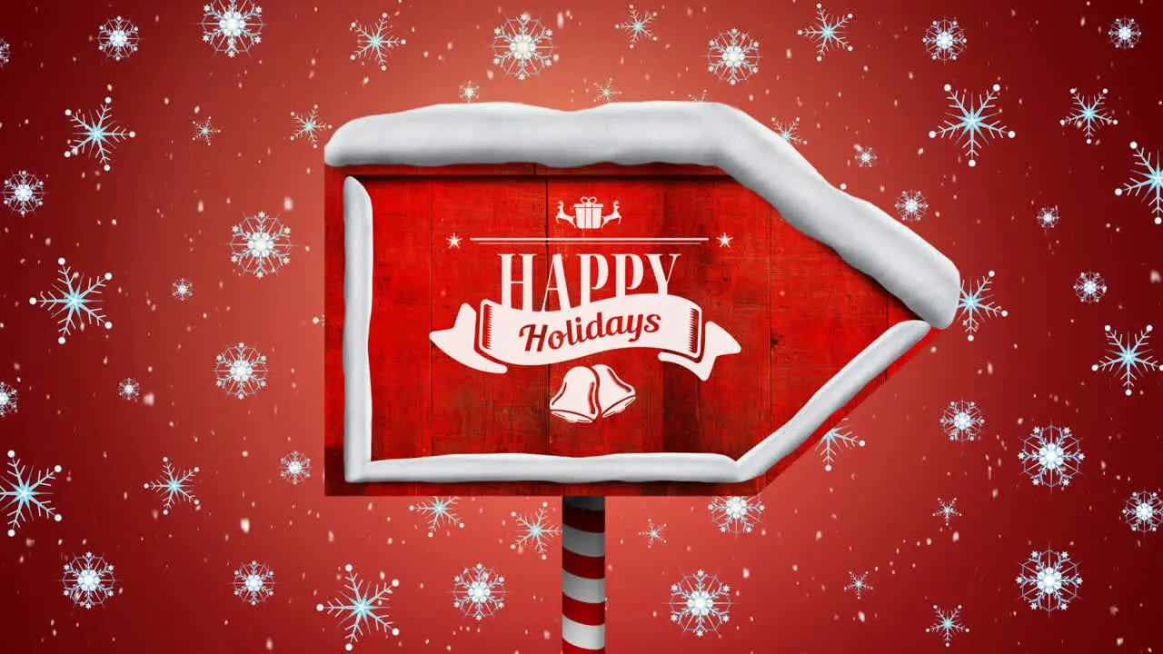 Animation of falling snowflakes over wooden sign with happy holidays text