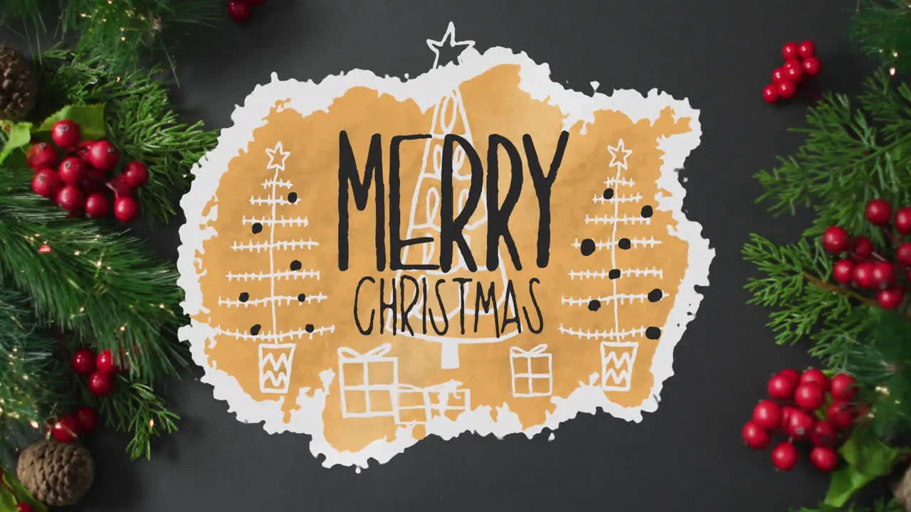 Animation of merry christmas text and christmas trees over decorations on table