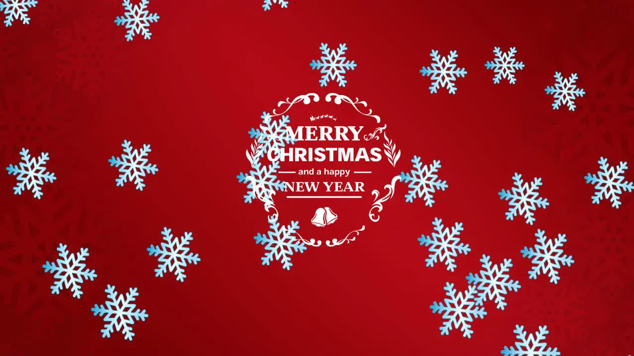 Animation of merry christmas and happy new year text with snowflakes on red background