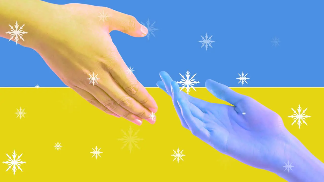 Animation of snowflakes over cropped hands uniting against flag of ukraine