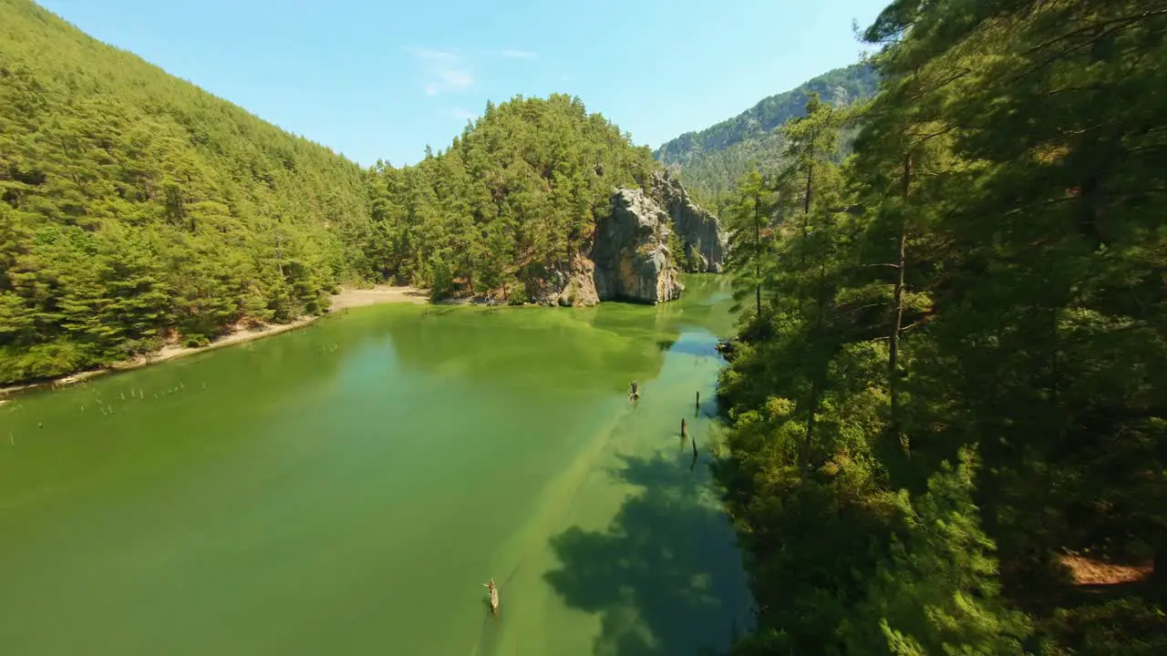 FPV drone shot of river between the trees