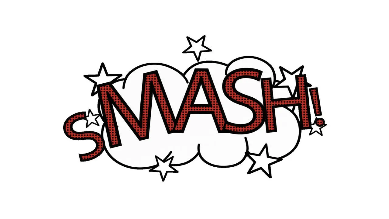 Animation of comic speech bubbles with words Smash! Lol! Bang! Poof! Kaboom!! and Splash! 