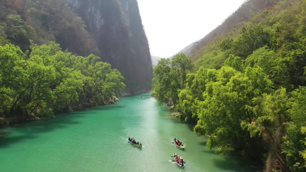 Aerial view of boats in Tamasopo River SAN LUIS POTOSI Mexico