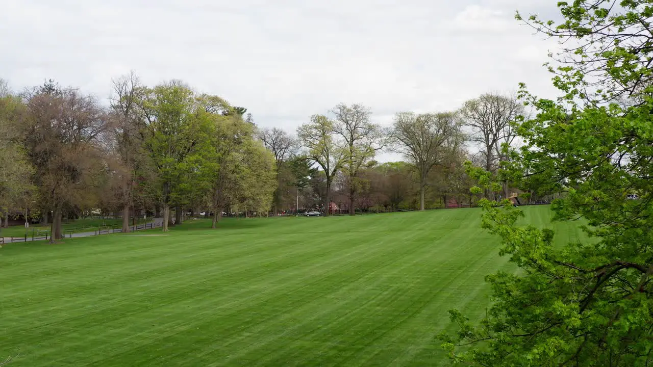 Aerial reveals large grassy open field for playing sports and enjoying nature in community park in USA