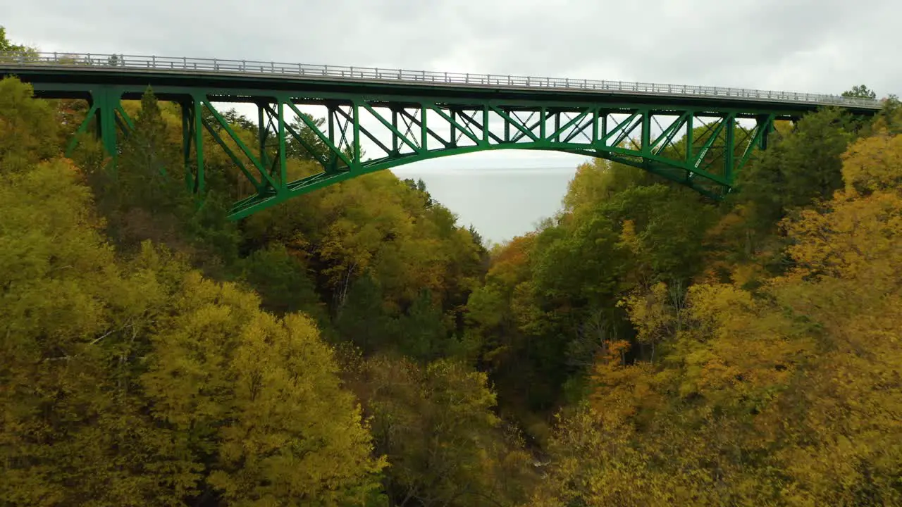 Drone flies towards green bridge with colorful leaves on trees